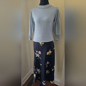 Ann Taylor Factory Light Blue Jeweled Crewneck Sweater Puff Sleeves